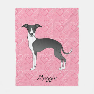 Zwart-Witte Italiaanse Greyhound Op Roze Harten Fleece Deken