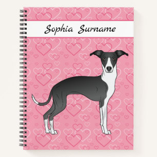 Zwart-witte Italiaanse Greyhound op roze harten Notitieboek