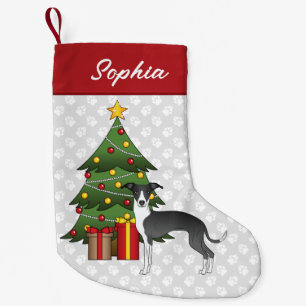 Zwart-Witte Italiaanse Windhond & Kerstboom Kleine Kerstsok