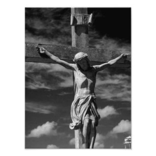 Zwart-witte Jezus op een kruis Foto Afdruk