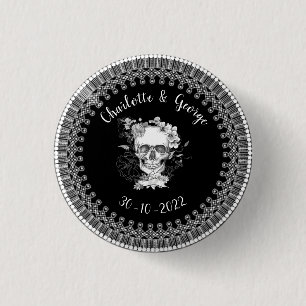 Zwart Witte Kant Bloemenskelet Halloween Bruiloft Ronde Button 3,2 Cm