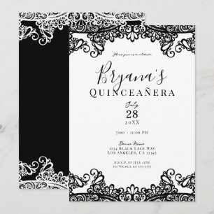 Zwart & Witte Kant Elegant Quinceañera Feest Kaart