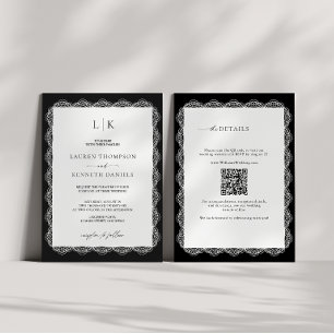 Zwart Witte Kant Frame Monogram QR Code Bruiloft Kaart