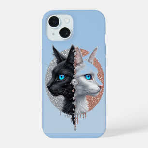 Zwart-witte kat gespleten portret met blauwe ogen iPhone 15 hoesje