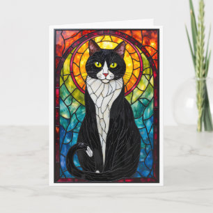 Zwart-witte kat in glas in lood stijl kaart