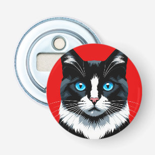 Zwart-witte kat met levendige blauwe ogen button flesopener