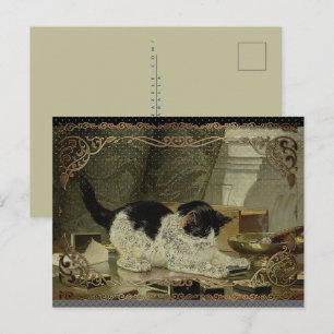 Zwart-witte kat sigaar olie bronzen rand feestdagenkaart