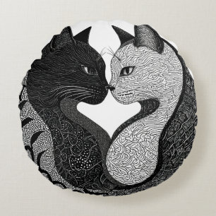 Zwart-witte kat Yin Yang-symbool Rond Kussen