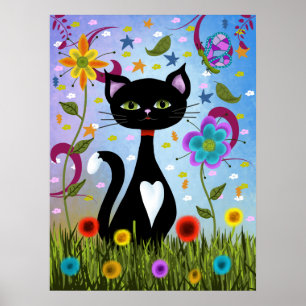 Zwart-witte kat zittend in een tuin poster