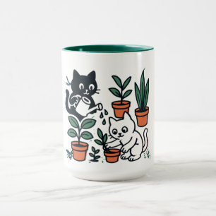 Zwart-witte katten tuinieren met planten mok