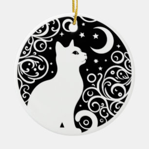 Zwart-Witte Kattenmaan Ruit Zonnevanger Keramisch Ornament