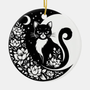 Zwart-Witte Kattenmaan Ruit Zonnevanger Keramisch Ornament