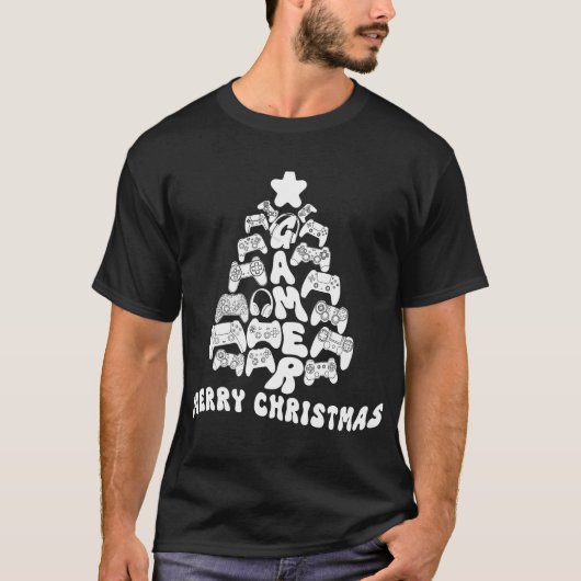 Zwart-witte kerstboom met controllers t-shirt (Voorkant)