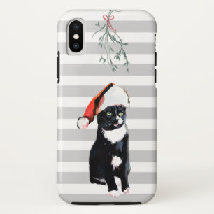 Zwart-witte Kerstkat met kerstmuts iPhone X Hoesje