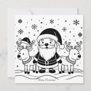 Zwart-witte Kerstman met rendieren Feestdagenkaart