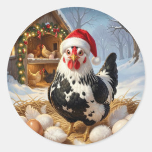 Zwart-witte kip met kerstmuts Kerstmis Ronde Sticker