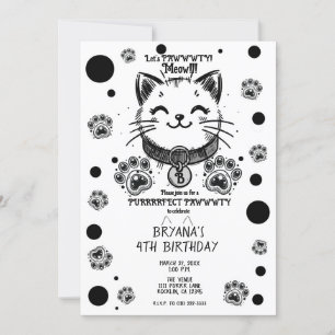 Zwart & Witte Kitty Kat Kittens Verjaardagsfeestje Kaart