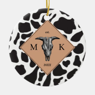 Zwart-witte Koe Spot Animal Patroon Monogram Keramisch Ornament
