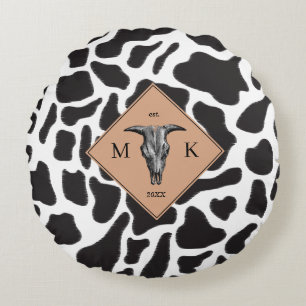 Zwart-witte Koe Spot Animal Patroon Monogram Rond Kussen
