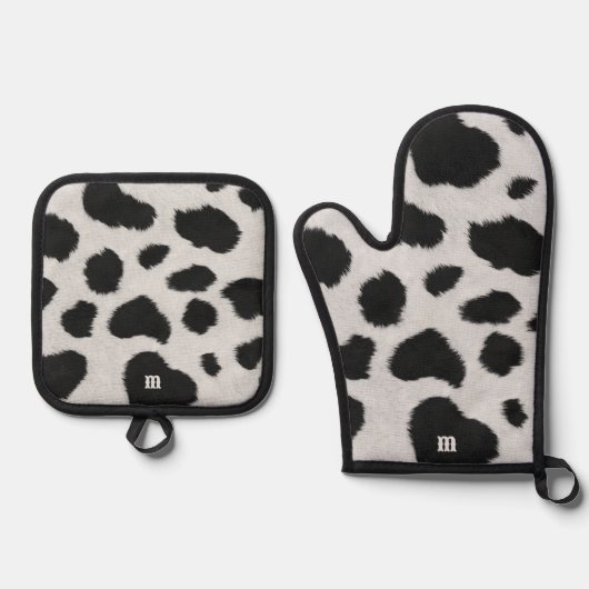 Zwart-witte koe vlekt patroon nevel textuur ovenwant & pannenlap set (Voorkant)