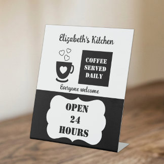 Zwart-witte koffie, dagelijks 24 uur geserveerd reclamebord met voetstuk