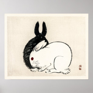  zwart-witte konijnen van Kōno Bairei Poster