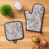 Zwart-witte kraskunst ovenwant & pannenlap set (Top down)