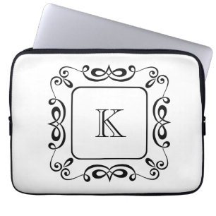 Zwart Witte Krul Bloem Initialen Monogram Laptop Sleeve