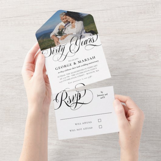 Zwart Witte Krullen Foto 60ste Huwelijksverjaardag All In One Uitnodiging (Afscheurbaar)