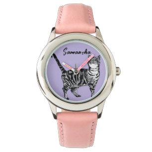 Zwart-witte lapjeskat meisjesnaam paars horloge