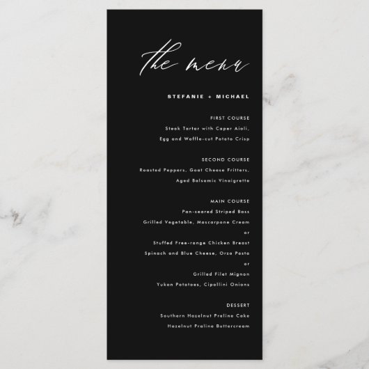 Zwart-witte legante kalligrafie bruiloft menu (Voorkant)