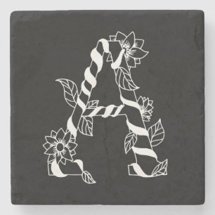Zwart-witte letter "A" met Twining Flowers Stenen Onderzetter