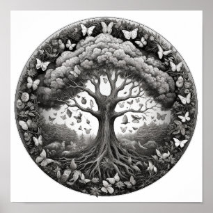 Zwart-witte levensboom met vlinders poster