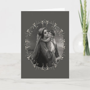 Zwart-witte Madonna en kind met zilveren Lijst Feestdagen Kaart
