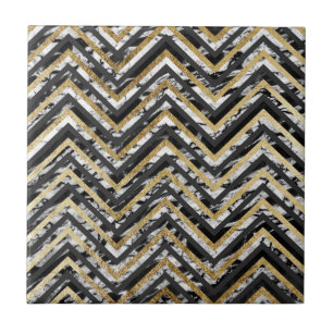 Zwart-witte marmer en gouden Chevron Zigzag Tegeltje