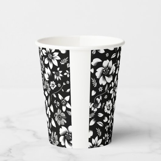 Zwart Witte Moderne Bloem Bladeren Waaien Papieren Bekers (Links)