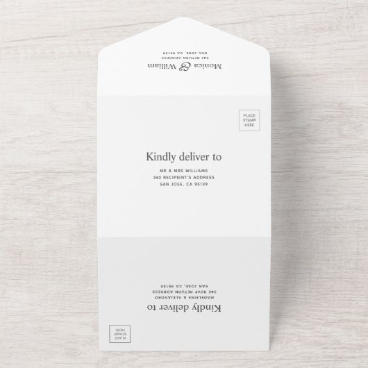 Zwart-witte, moderne grafische bladbruiloft all in one uitnodiging (Buitenkant)