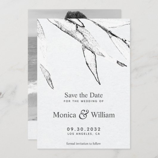 Zwart-witte, moderne grafische bladbruiloft save the date (Voorkant / Achterkant)