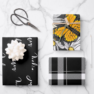 Zwart-witte monarchvlinders monogram inpakpapier vel