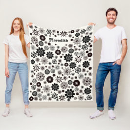 Zwart-witte mooie bloemen Boho Voeg je naam toe Fleece Deken