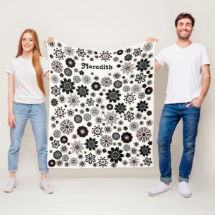 Zwart-witte mooie bloemen Boho Voeg je naam toe Fleece Deken