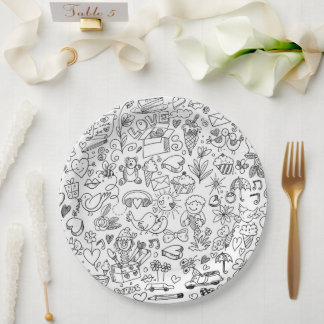 Zwart & Witte Moppige Doodle Papieren Bordje