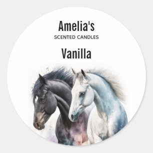 Zwart-witte paarden in Waterverf Kandle Business Ronde Sticker
