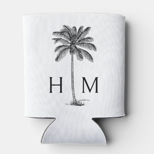Zwart-witte palmboom Monogram Blikjeskoeler (Achterkant)