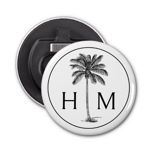 Zwart-witte palmboom Monogram Button Flesopener (Voorkant)