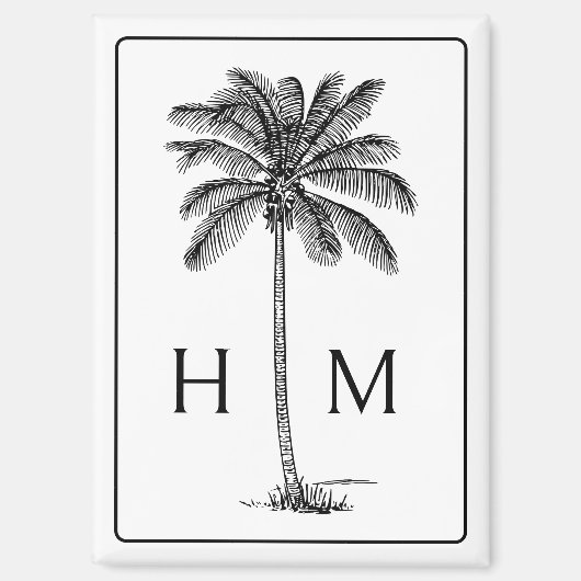 Zwart-witte palmboom Monogram Magneet (Voorkant)