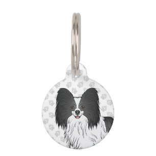 Zwart-Witte Papillon Cartoon Hondenkop Huisdierpenning