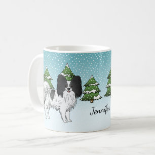 Zwart-Witte Papillon, Cute Hond in Winterbos Koffiemok