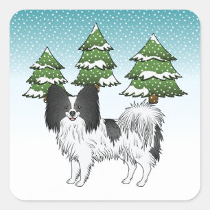 Zwart-Witte Papillon, Cute Hond in Winterbos Vierkante Sticker