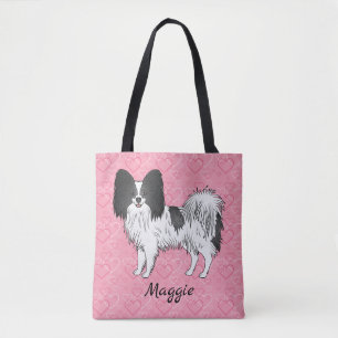 Zwart-witte Papillon, Cute Hond Op Roze Harten Draagtas